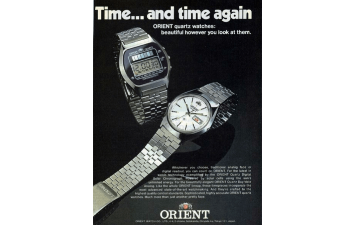 Reklama zegarków Orient z lat 70.